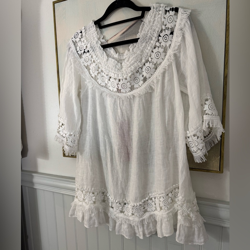SCANDAL ITALY Blouse Top Linen Embroidered Lace Gauzy Boho Summer White NWT SM - Picture 2 of 6